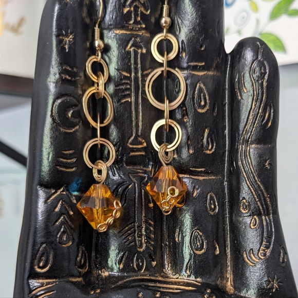 Gold & Czech Glass Earrings Mini Hoops Spiral Amber Artisan Wrapped Cute Unique - Picture 5 of 7